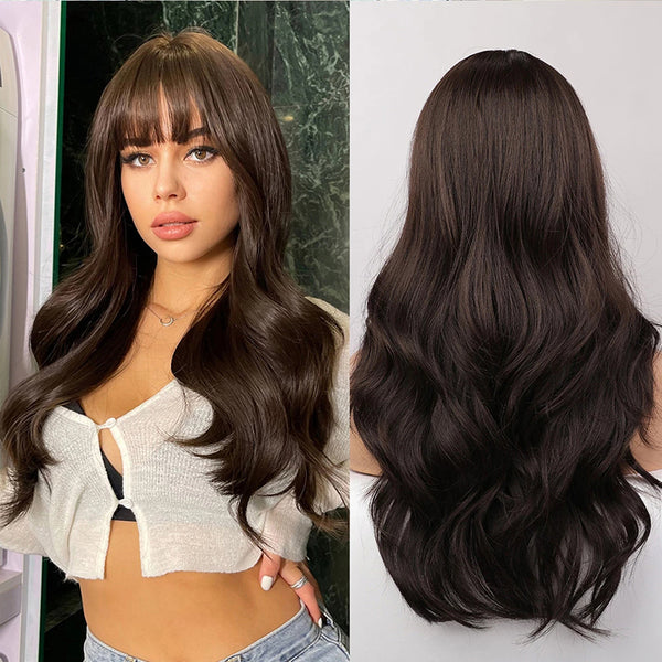 Long Dark Brown Natural Wavy Machine Made Synthetic Hair Wig With Bangs